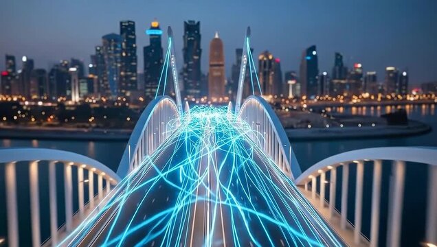A city skyline bridges over a river at dusk, with illuminated bridge and futuristic light trails