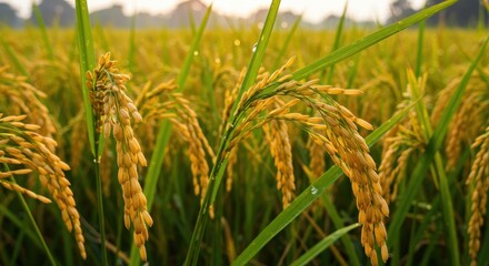 Golden ripe rice ears in a vibrant green paddy field with morning dew