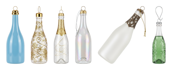 Champagne bottle ornament set including solid blue, gold glitter, iridescent, frosted, and green liquid styles isolated. Festive holiday and celebration decor.