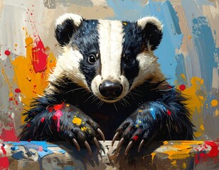 Artistic badger with colorful paint splatter