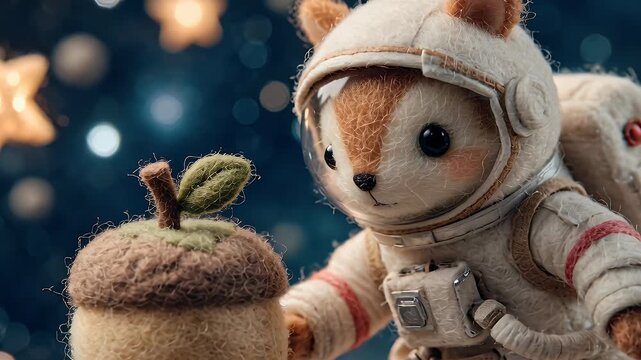 Animated astronaut squirrel holding acorn against starry background for fantasy concepts