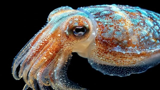 Detailed view of a colorful cuttlefish against a dark background