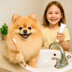 little boy with dog brushes teeth