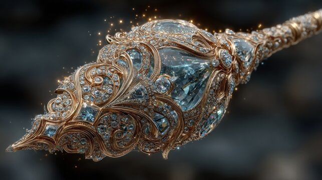 Ornate, golden scepter or staff, encrusted with glittering diamonds and gems,  glowing with light