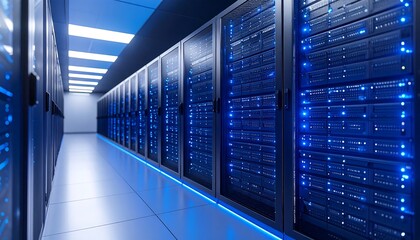 A long, well-lit server room with rows of tall, enclosed server racks. Each rack is filled with blinking lights and dark panels. The floor and ceiling are gray