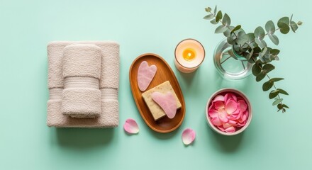 Tranquil Spa Ritual: Rose Quartz Gua Sha, Eucalyptus, Towels, Candle, Rose Petals on Mint Green