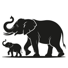 Obraz premium Elephant Silhouette - Adult and Baby Elephant Walking Together