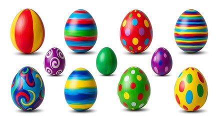 A collection of ten vibrantly colored and intricately decorated easter eggs, showcasing diverse patterns and designs, perfect for spring holiday celebrations and festive themes