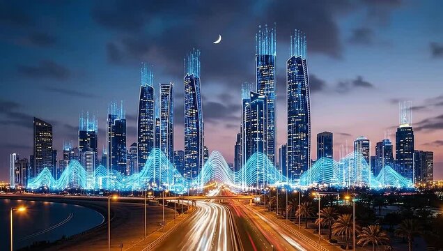 A futuristic cityscape at dusk, featuring high-rise buildings with digital light streams and traffic - Powered by Adobe