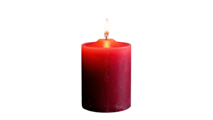 A single red pillar candle with a lit flame burning brightly isolated on transparent background
