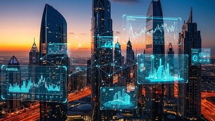 Futuristic city at dusk, featuring illuminated skyscrapers and digital data overlaid. Connected by lines - Powered by Adobe