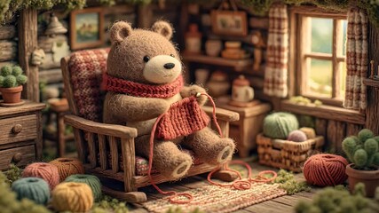 Animated teddy bear knitting in cozy interior scene with yarn and natural elements - Powered by Adobe