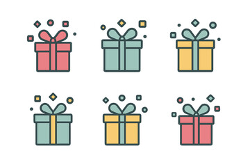 Six colorful wrapped presents set with decorative bows and abstract confetti elements