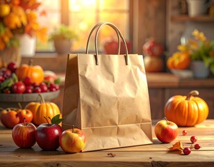 Brown Paper Bag with Autumn Vegetables and Fruits in Cozy Kitchen