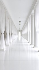 A long white corridor with columns and draped curtains, disappearing into a bright archway. Light fixtures hang above
