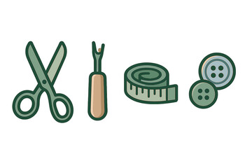 Set of essential sewing and tailoring tools icons featuring scissors tape measure and buttons
