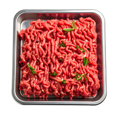Top-down shot of raw ground meat in a stainless steel tray, garnished with herbs