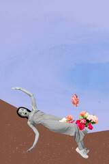 3d pop image zine art collage of happy girl guy lay park street outside flower bush bloom spring summer atmosphere leisure time