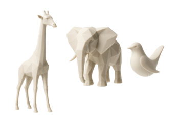 Abstract 3D-printed animal figurines for a modern art collection in a studio.