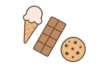Assortment of sweet desserts: ice cream cone, chocolate bar, and chocolate chip cookie
