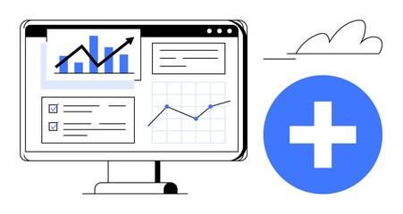Fototapeta premium Computer monitor with charts, line graphs, and checklists paired with a blue cross icon. Ideal for analytics, data management, performance tracking, reporting, business insights, healthcare data