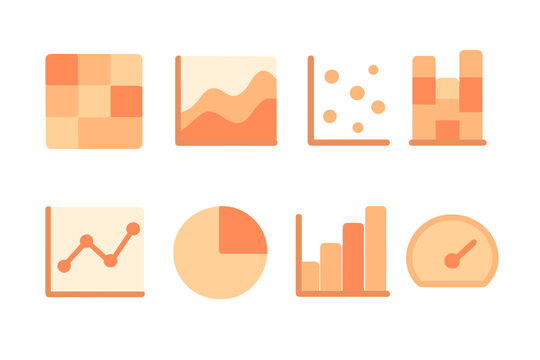 Orange and beige business data visualization set featuring bar charts, line graphs, pie charts, and speedometer