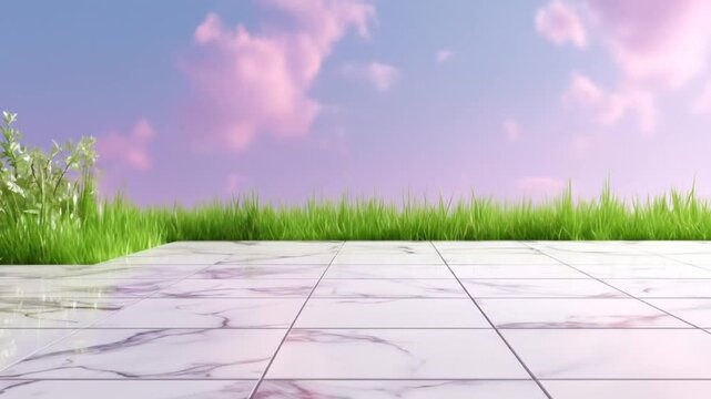 A serene, stylized outdoor space with lush grass and a pale pink and purple sky.