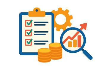 Business analysis checklist with financial growth chart and optimization gear icon