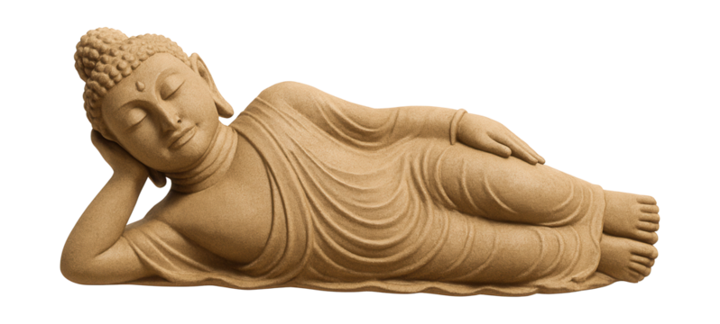 A serene sandstone statue of a reclining Buddha, perfect for meditation areas.