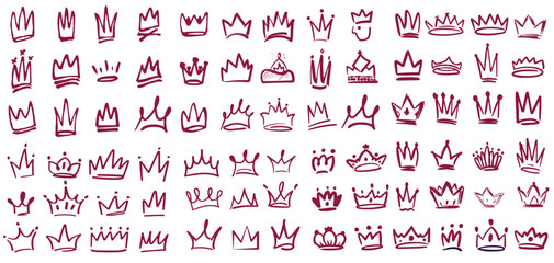 Crown ink crayon pencil hand drawn doodle scribble set. Line freehand splash royal jewel vector illustration