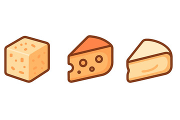 Assortment of dairy products including three different types of cheese slices and a block