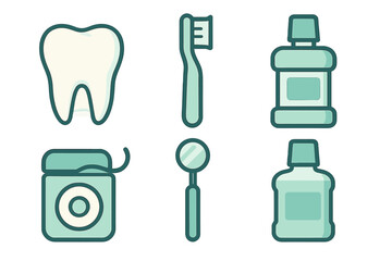 Dental care and oral hygiene items: tooth, toothbrush, floss, mouthwash