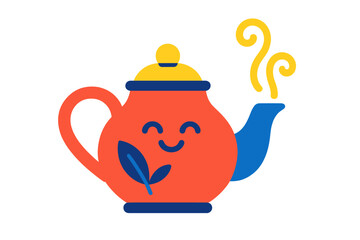Colorful cartoon teapot character smiling while brewing hot tea with rising steam