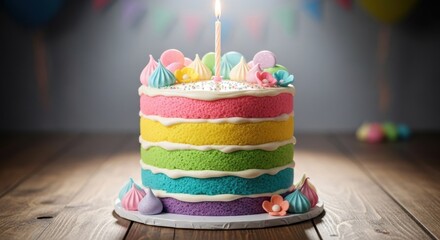 Vibrant Rainbow Layer Cake with Single Lit Candle and Whimsical Meringue Decorations