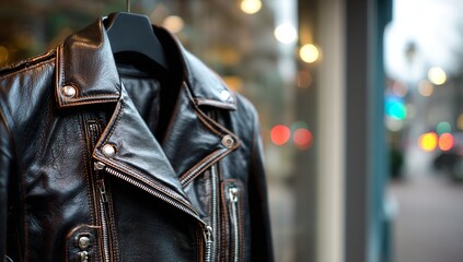 Close-up of a stylish black leather biker jacket with intricate stitching and metal hardware, perfect for fashion campaigns and urban lifestyle visuals