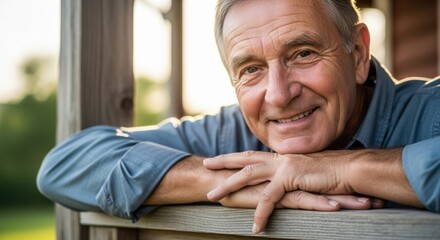 Warm Portrait of a Smiling Senior Man Relaxing Outdoors with Soft Sunlight