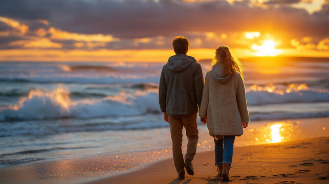 Couple walking on beach at sunset holding hands, golden light, waves and serenity, romantic evening, love and connection, peaceful companionship, seaside romance, lifestyle intimac