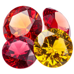 Group of dazzling, faceted jewels in shades of red and yellow, sparkling against black