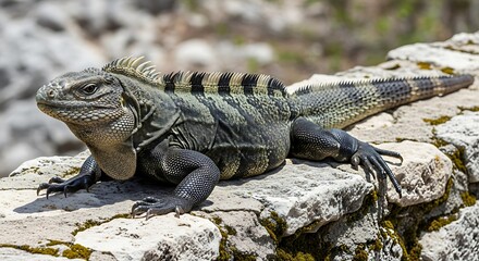 Grand Cayman Iguana basking in the sun on a stone wall.