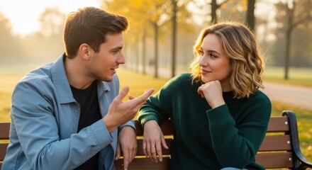 Young Couple Engaged in Deep Conversation on Park Bench During Autumn Sunset