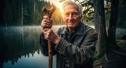 Weathered Elder with Rustic Cane Gazes into Golden Forest Sunrise by Misty Lake