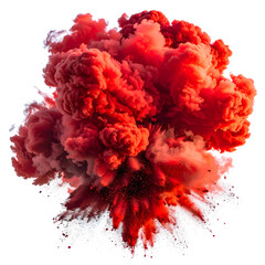A vibrant, fiery explosion erupts, showcasing billowing red smoke against a stark black backdrop