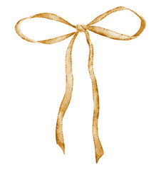 Golden Bow watercolor illustration. Art of yellow Ribbon with tied knot for Christmas greeting cards or New Year invitations. Drawing of party decor on isolated background for Birthday or Xmas design