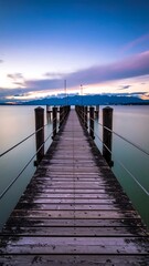 A long wooden pier stretches towards the horizon at sunset, reflecting in the calm water. The sky is painted with soft pastel colors