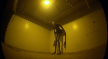 Backrooms monster in eerie yellow room. A tall, slender humanoid figure with elongated arms stands under a bright ceiling light in a grimy, empty corner