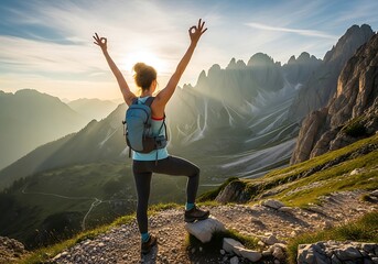 Womans Triumph - Conquering Mountain Peak with Joyful Gesture.