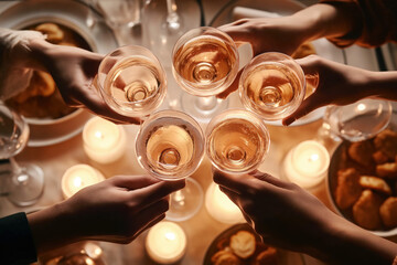Overhead toast with sparkling rose wine top view