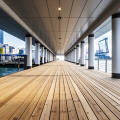 A long, wooden pier walkway extends toward the bright sunlight and open sky, flanked by symmetrical columns, railings, and the sea