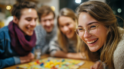 Obraz premium Friends playing board games on rainy evening, cozy atmosphere, soft lighting, laughter and fun, togetherness at home, friendly competition, simple joys, real emotions, with copy sp