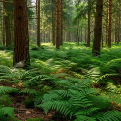 Lush Ferns and Towering Trees in a Tranquil Forest Setting.